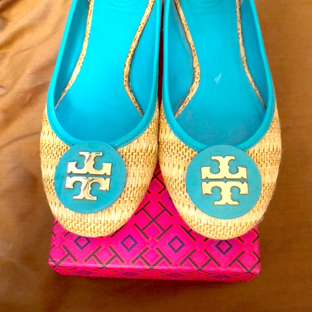 Tory Burch Reva Raffia Flats - Turquoise / Gold